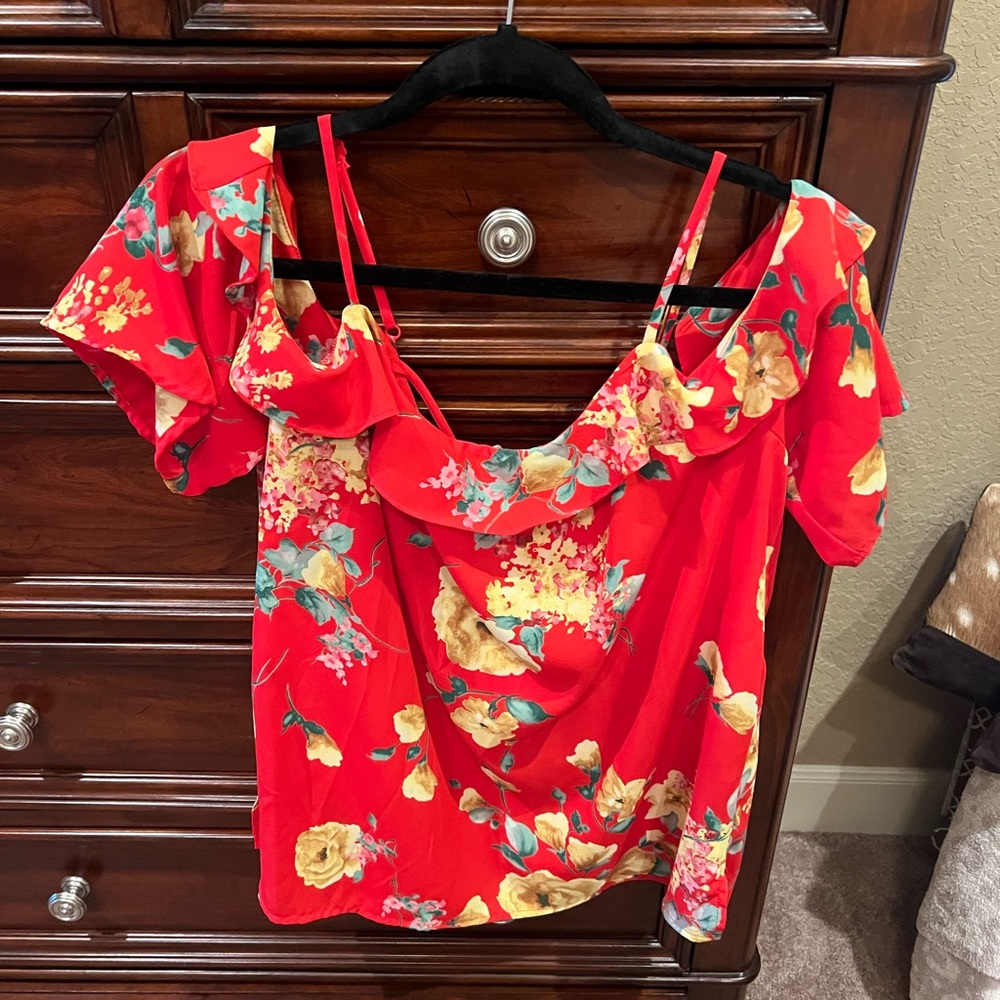 Skies are Blue/Stitch Fix - red floral blouse